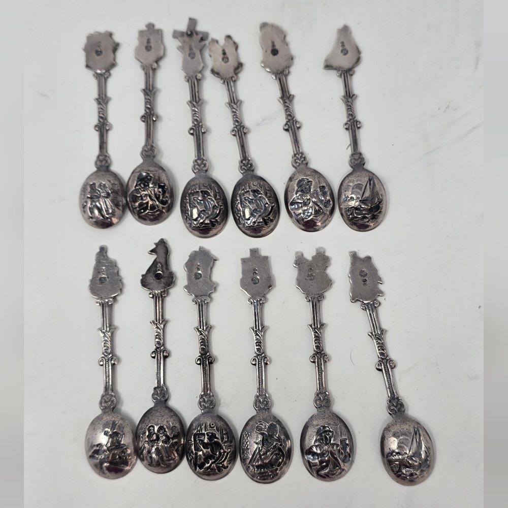 Vtg Holland Dutch demitasse mini spoons stamped novelty ornate figural set of 12 - Picture 7 of 10
